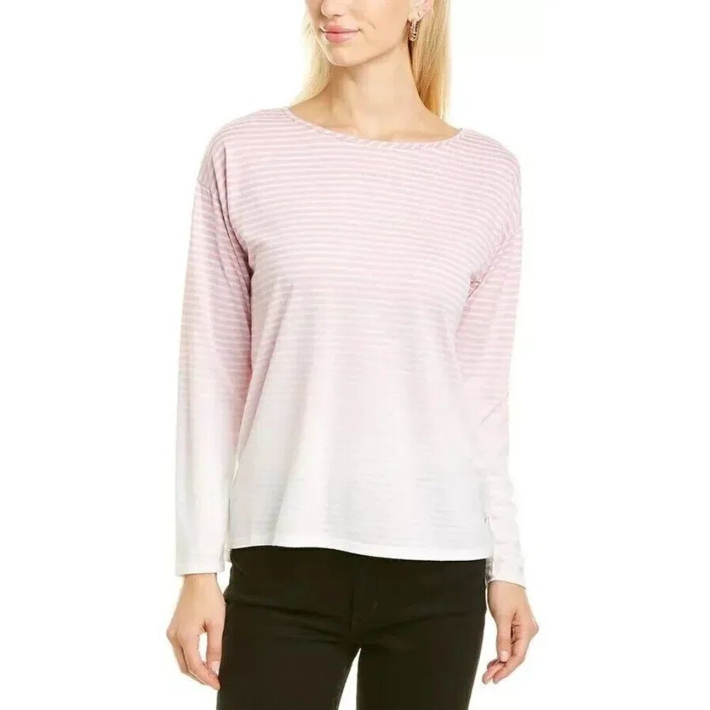 VINCE CAMUTO Womens Pink Stripe Ombre Long Sleeve Top Tee Boat Neck Size Large